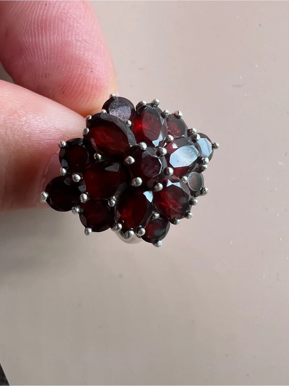 Sterling Silver Garnet Cluster Ring - Deep Red